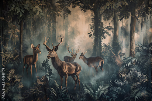 wallpaper forest with deers, animals and birds - old drawing vintage © Andrus Ciprian