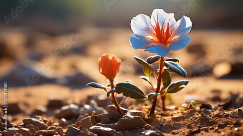 Two flowers with blue and orange petals on a rocky desert background.
