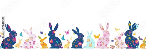 Happy Easter Seamless Background With Colorful Easter Bunny Silhouette