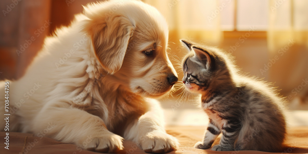 puppy and cat,Golden retriever puppy cuddeling with cute cat kitty on a ...