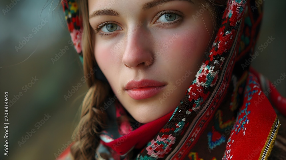 Portrait of a woman in red headscarf. Portrait of a woman in red headscarf.