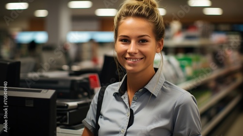 Portrait of a young female cashier at a supermarket