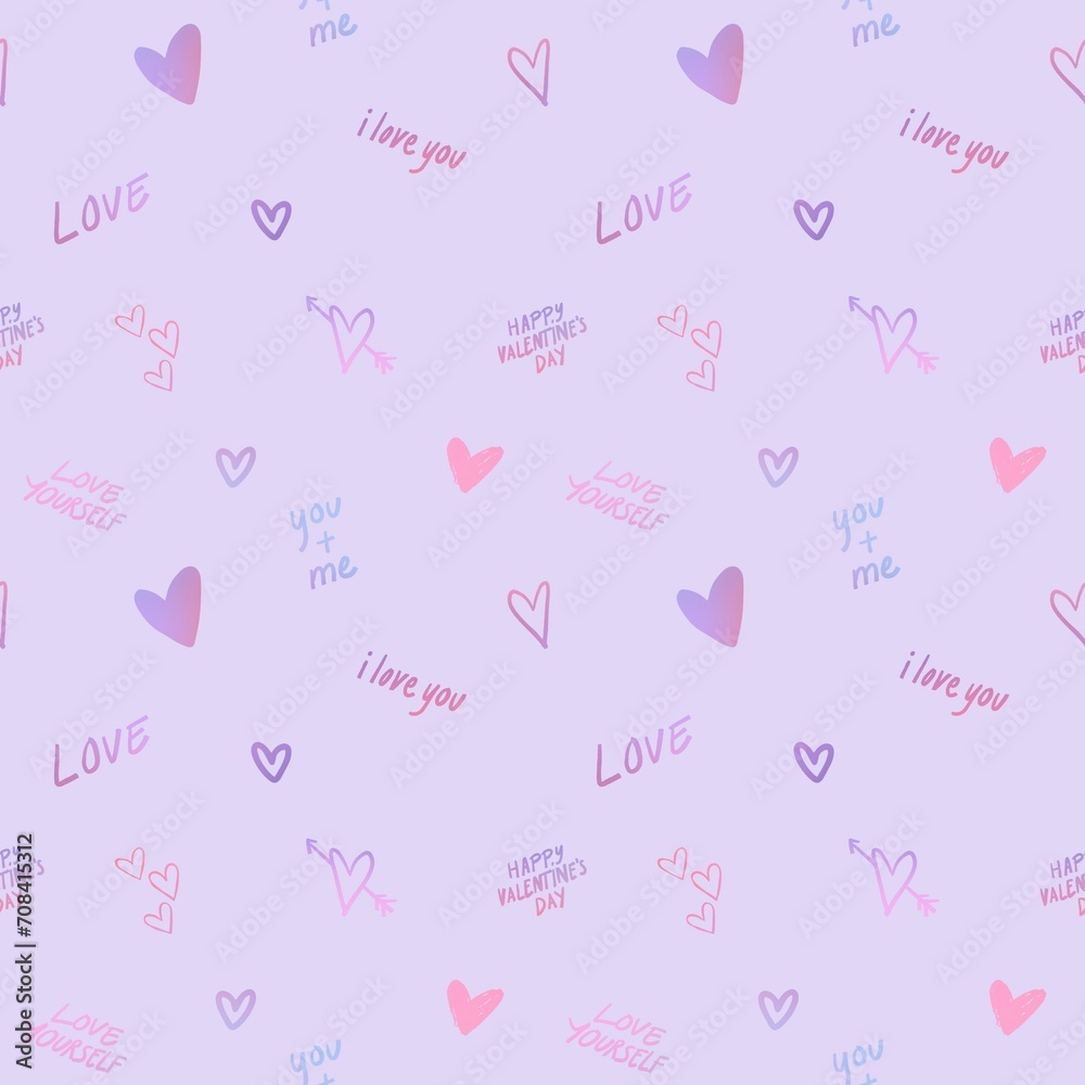 Happy holiday Valentine day seamless pattern with heart and love motivation text