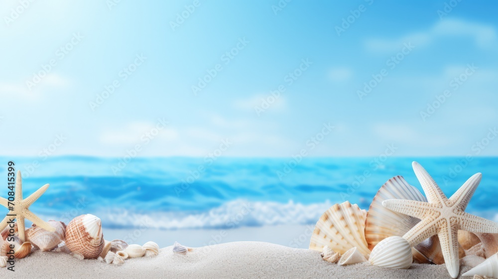 Beach scene concept with sea shells and starfish on a blue background. Beach scene concept with sea shells and starfish on a blue background.