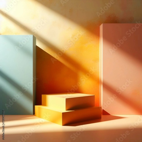 Yellow orange gold coral peach pink brown teal blue glow minimal abstract background for product presentation, shadow and light from windows on plaster wall