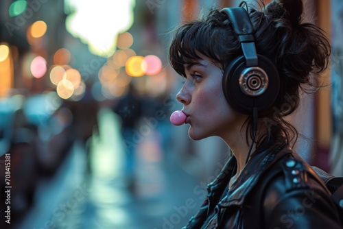 Stylish Milanese woman with headphones blowing gum