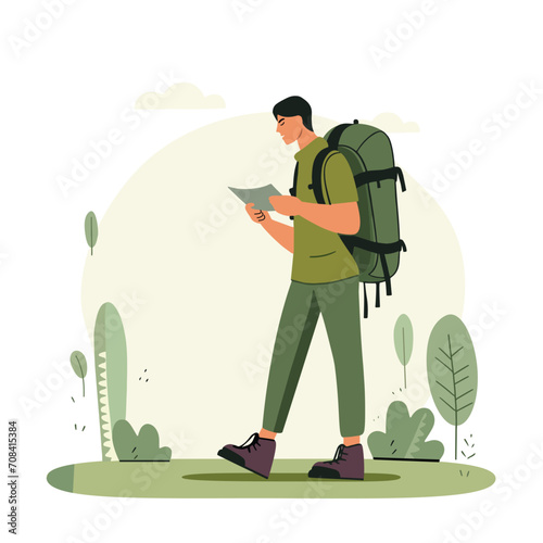 Vector illustration of young man hiker with big backpack in outdoor equipment hiking in Nature. Greenery summer spring time. Sustainable travel adventure concept