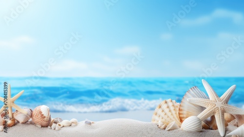 Beach scene concept with sea shells and starfish on a blue background.