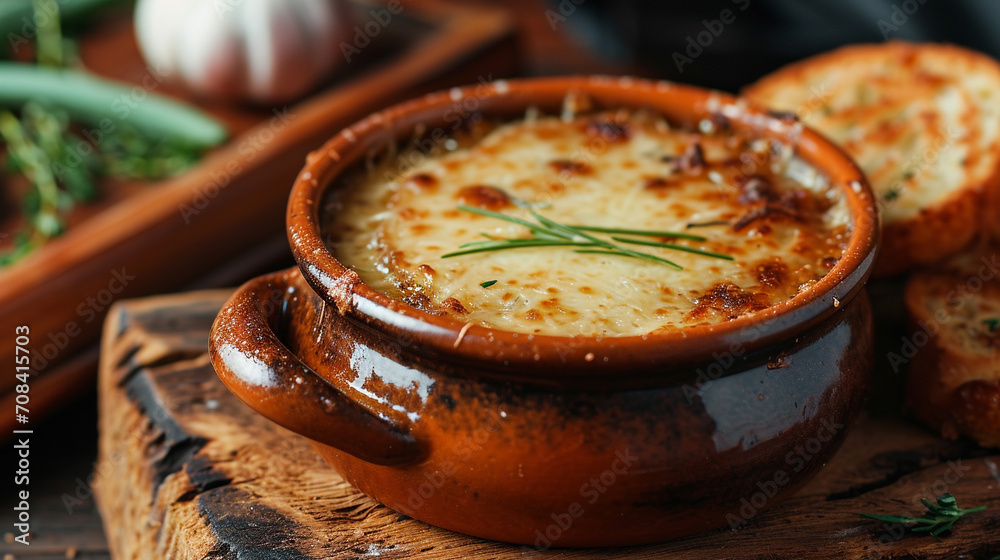 Onion soup in a ceramic bowl. with cheese On a wooden table, a rustic fried slice of bread on a black background. Homemade food. French cuisine. Onion soup in a ceramic bowl. with cheese On a wooden table, a rustic fried slice of bread on a black background. Homemade food. French cuisine.