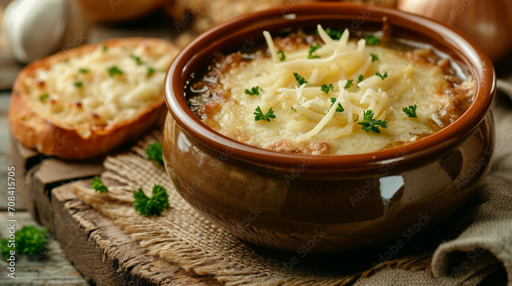 Onion soup in a ceramic bowl. with cheese On a wooden table, a rustic fried slice of bread on a black background. Homemade food. French cuisine.