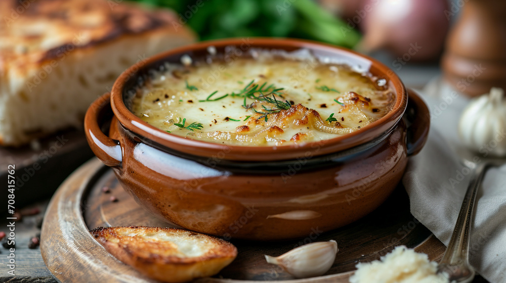Onion soup in a ceramic bowl. with cheese On a wooden table, a rustic fried slice of bread on a black background. Homemade food. French cuisine. Onion soup in a ceramic bowl. with cheese On a wooden table, a rustic fried slice of bread on a black background. Homemade food. French cuisine.