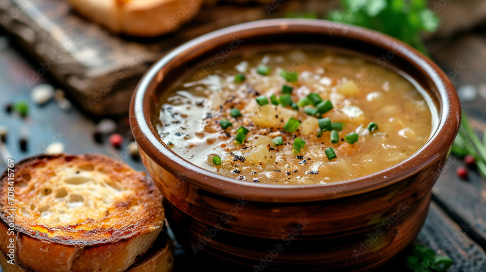 Onion soup in a ceramic bowl. with cheese On a wooden table, a rustic fried slice of bread on a black background. Homemade food. French cuisine. Onion soup in a ceramic bowl. with cheese On a wooden table, a rustic fried slice of bread on a black background. Homemade food. French cuisine.