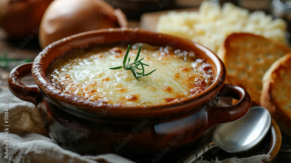 Onion soup in a ceramic bowl. with cheese On a wooden table, a rustic fried slice of bread on a black background. Homemade food. French cuisine. Onion soup in a ceramic bowl. with cheese On a wooden table, a rustic fried slice of bread on a black background. Homemade food. French cuisine.