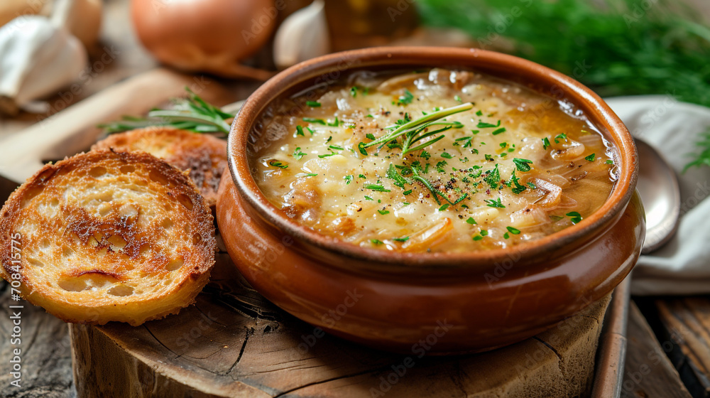 Onion soup in a ceramic bowl. with cheese On a wooden table, a rustic fried slice of bread on a black background. Homemade food. French cuisine.