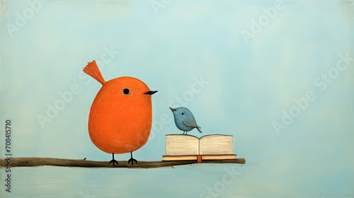 cat in orange bird in blue cute childlike illustrations photo