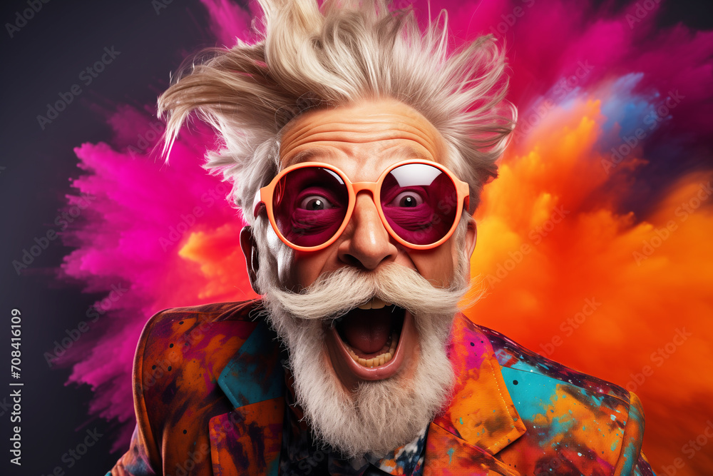 Portrait of cheerful elderly gray-haired bearded grandfather in funny sunglasses and bright extravagant clothes on plain black background. Retired hipster, seniors party, carnival. Cool senior man 