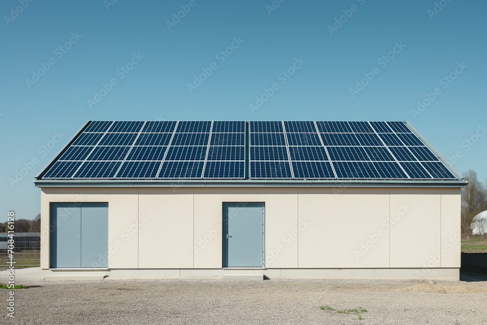 Fototapeta premium Solar panels on the house. Modern house with solar panels.Solar panels on the roof.Beautiful, large modern house and solar energy.Green energy concept.Place for text.Copy space.