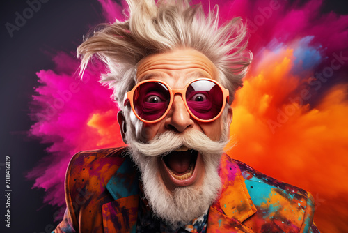 Portrait of cheerful elderly gray-haired bearded grandfather in funny sunglasses and bright extravagant clothes on plain black background. Retired hipster, seniors party, carnival. Cool senior man  © Nataliia_Trushchenko