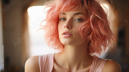Portrait of a beautiful young woman with pink hair looking at camera
