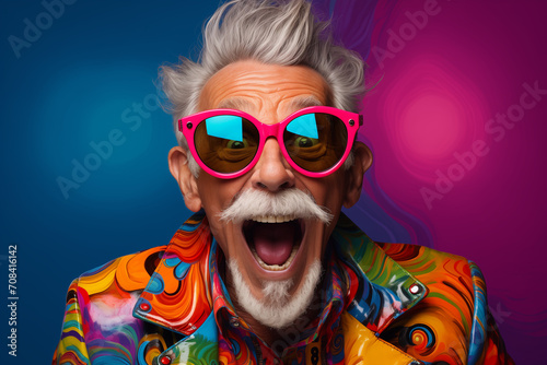 Portrait of cheerful elderly gray-haired bearded grandfather in funny sunglasses and bright extravagant clothes on plain black background. Retired hipster, seniors party, carnival. Cool senior man  photo