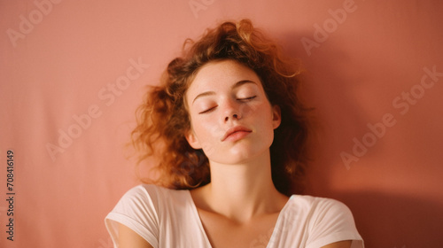 Portrait of a beautiful girl with red hair on a pink background