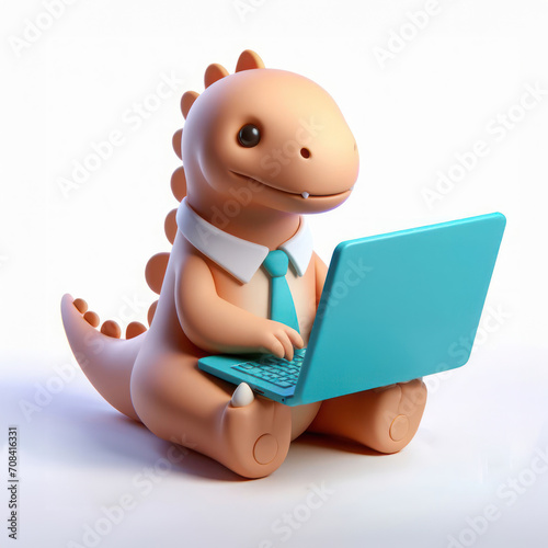 DinoTech Buddy: 3D Illustration of a Cute Cartoon Dinosaur with a Laptop. photo