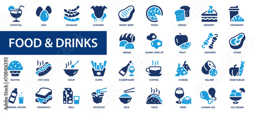 Food & drinks flat icons set. Restaurant, meal, meat, vegetables, fish, dishes, fruit, milk, pizza icons and more signs. Flat icon collection.