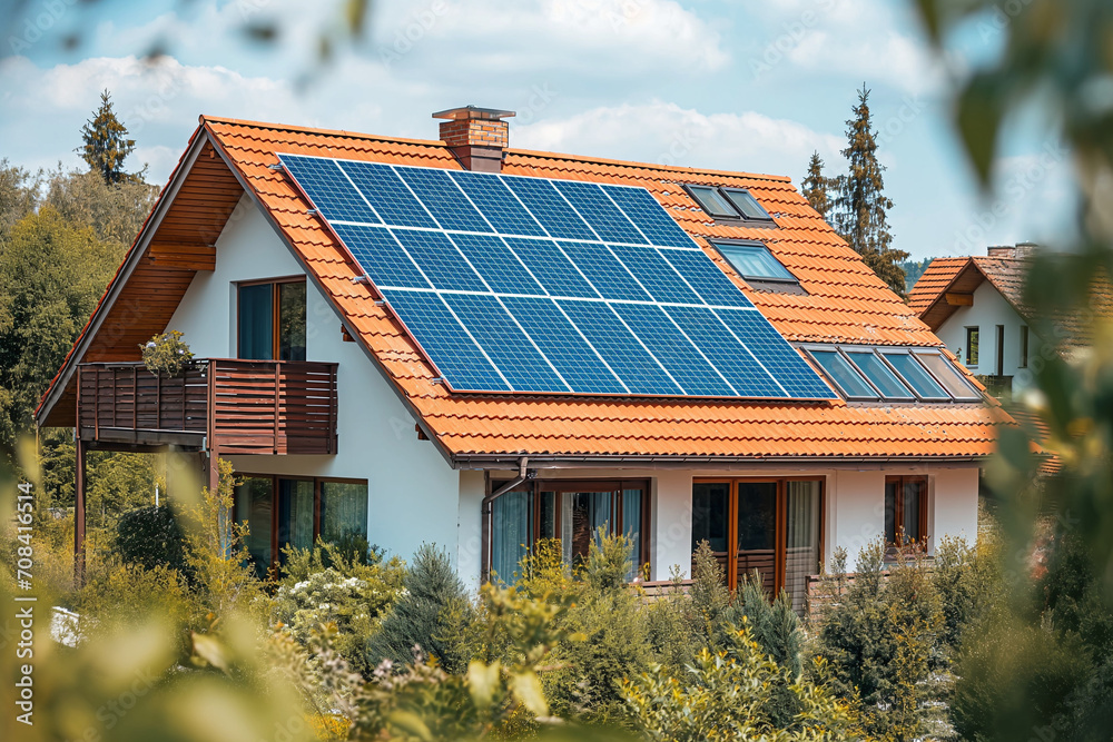 Solar panels on the house. Modern house with solar panels.Solar panels on the roof.Beautiful, large modern house and solar energy.Green energy concept.Place for text.Copy space. Solar panels on the house. Modern house with solar panels.Solar panels on the roof.Beautiful, large modern house and solar energy.Green energy concept.Place for text.Copy space.