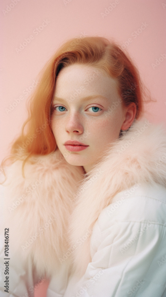 Portrait of a beautiful red-haired girl in a white jacket on a pink background Portrait of a beautiful red-haired girl in a white jacket on a pink background