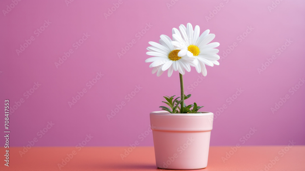 White daisy in a vase on a purple background with copy space White daisy in a vase on a purple background with copy space