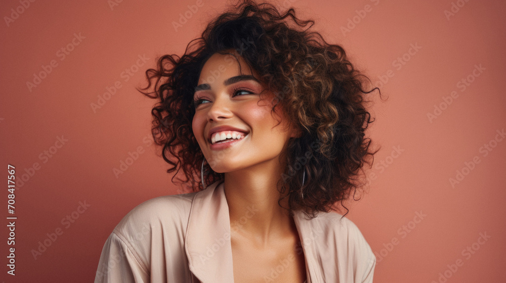 Beautiful african american woman with curly hair smiling at camera Beautiful african american woman with curly hair smiling at camera