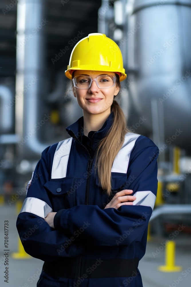 Portrait of a female engineer wearing a hard hat and safety glasses in an industrial setting Portrait of a female engineer wearing a hard hat and safety glasses in an industrial setting