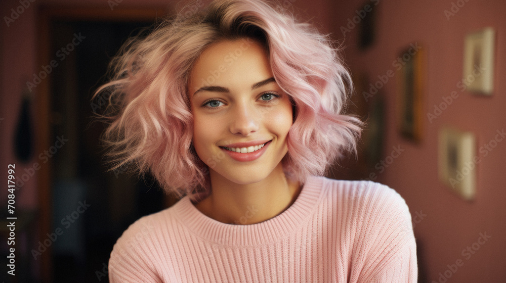 Fototapeta premium Portrait of a smiling young woman with pink hair in the room