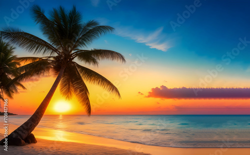 Beautiful natural landscape. Beach and coconut tree view at sunset © NONTANUN