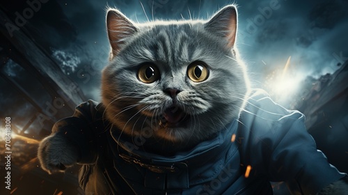 A grey cat wearing a blue spacesuit is running in a post-apocalyptic world photo