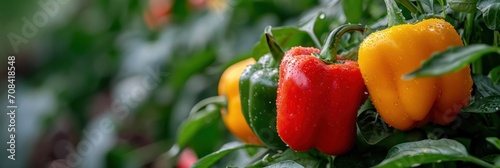 Vibrant bell peppers with water droplets, showcasing freshness in a verdant vegetable patch photo