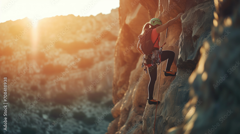 The rock climber girl conquers the mountain using mountaineering gear. - obrazy, fototapety, plakaty 