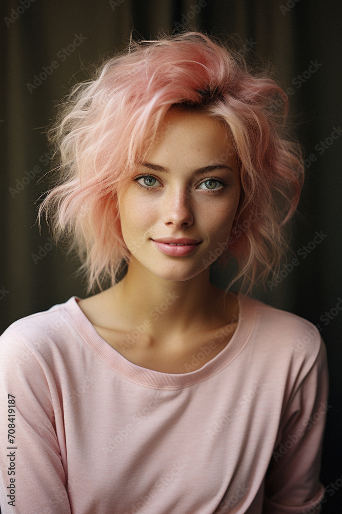 Fototapeta premium Portrait of a beautiful young woman with pink hair in the room
