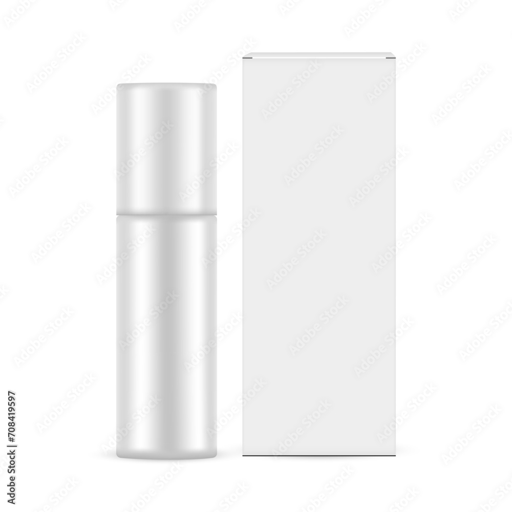 Blank Plastic Cosmetic Bottle, Packaging Box Front View, Isolated On White Background. Vector Illustration - obrazy, fototapety, plakaty 