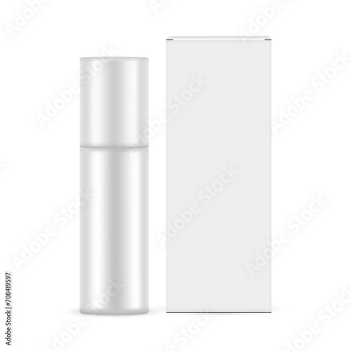 Blank Plastic Cosmetic Bottle, Packaging Box Front View, Isolated On White Background. Vector Illustration