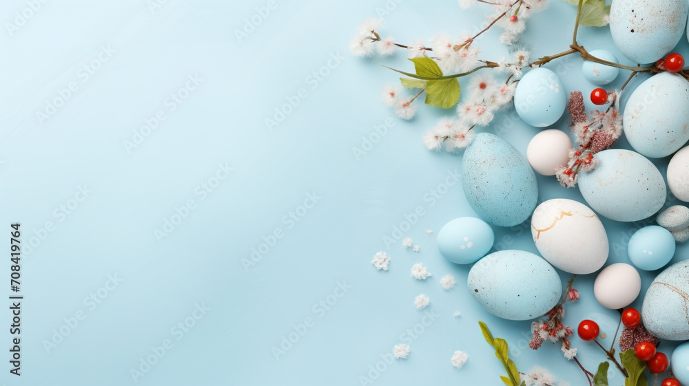 Easter banner with beautifully painted eggs light blue background, easter concept Easter banner with beautifully painted eggs light blue background, easter concept