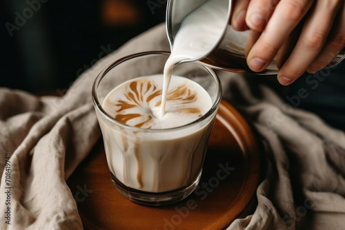 The Art of Latte. A skilled hand pours steamed milk into a coffee glass, creating an intricate latte art pattern on a warm and cozy backdrop photo