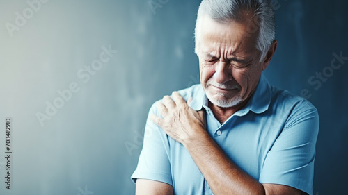 Senior elderly man touching his shoulder, shoulder health problems. Healthcare, insurance photo