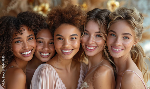 Skincare  diversity and women hug portrait for inclusivity  happiness and healthy skin texture. 