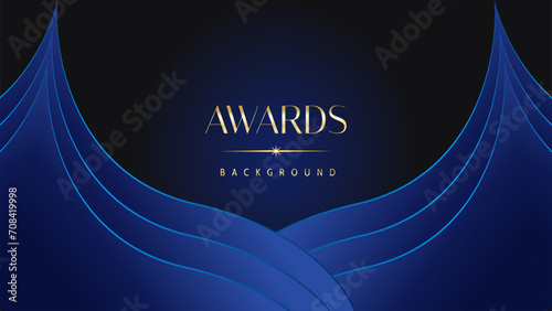 Dark blue golden royal awards graphics background. Lines growing elegant shine spark. Luxury premium corporate abstract design template.
