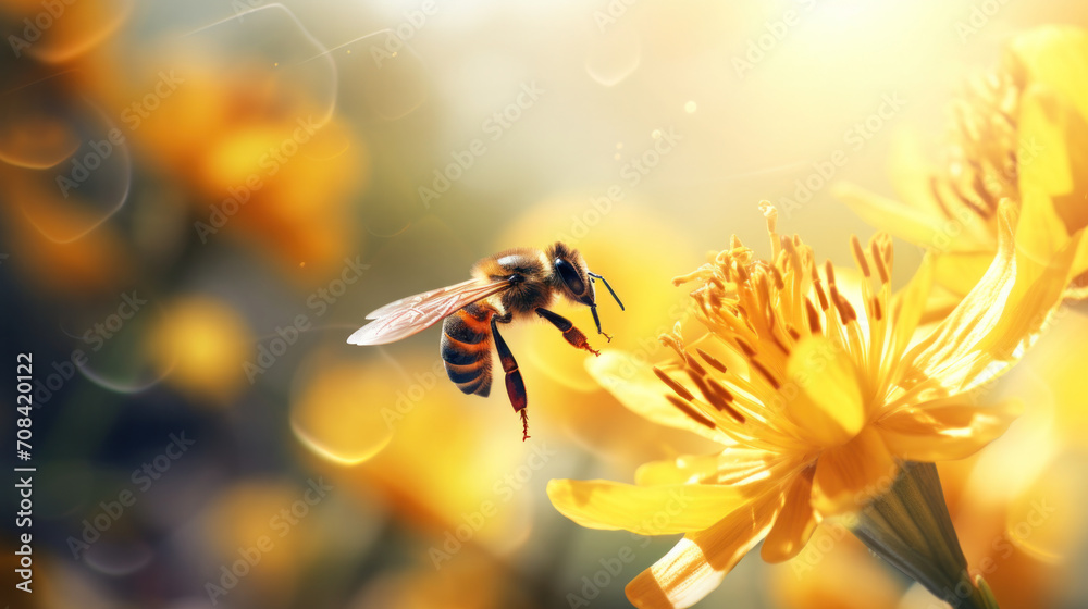 Bee on a flower. Close up of a large striped bee collects honey on a yellow flower on bright sunny day. - obrazy, fototapety, plakaty 