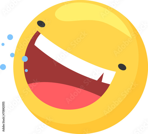 Yellow laughing emoji with open mouth and closed eyes, showing teeth with blue bubbles. Joyful emoticon expression of happiness vector illustration.