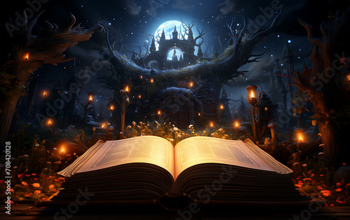 3D Book illustration in a dark room with different styles of design