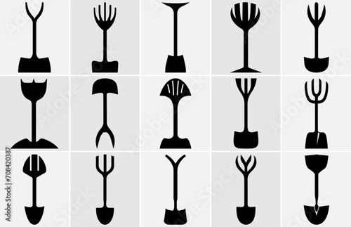 Shovels and spades in vector silhouette, Shovel Icon. Gardening Vector Illustration. Construction Equipment Sign and Symbol.
