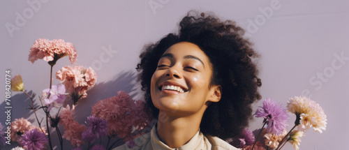 Happy african american woman with closed eyes and flowers on blurred background